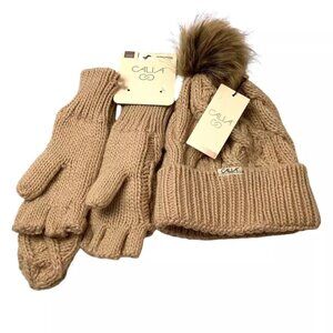 CALIA Cable Knit Pom Beanie & Pop Top Mitten Natural Color